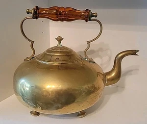 Antique James Clews Birmingham Brass Footed Tea Kettle Amber Glass Handle READ - Picture 1 of 20
