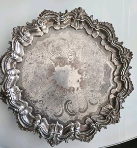Bandeja para servir antigua de plata con patas redondas Barker Ellis 14,5" - Imagen 1 de 13