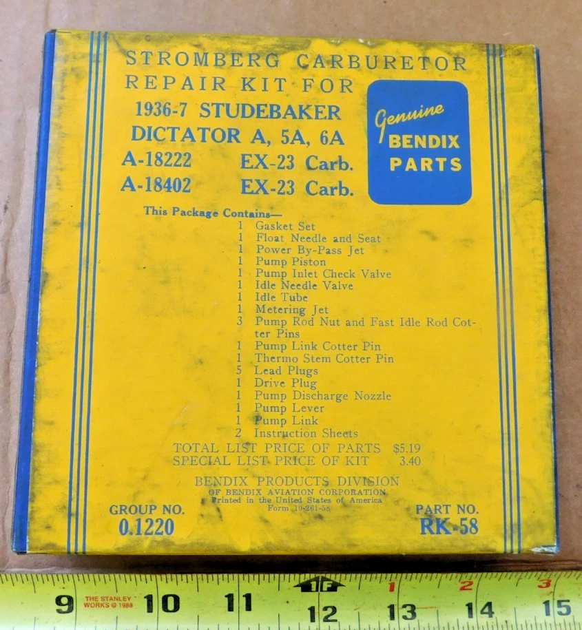 KIT DE REPARACIÓN DE CARBURADOR STROMBERG NUEVO PARA COCHES STUDEBAKER DICTATOR 1936-37 Foto 1 de 1