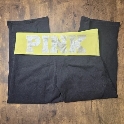 Victorias Secret PINK Spell Out  Fold Over Black Capri Leggings Sz M - Image 1 of 4