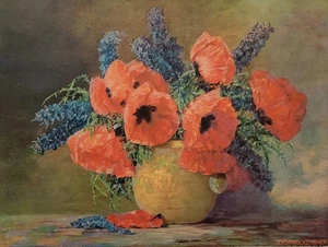 Vintage Poppies Delphiniums Print Max Streckenbach E1183 | Original Frame Old - Picture 1 of 4