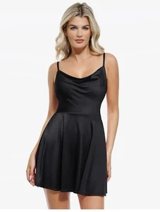 Neu mit Etikett Popilush schwarzes Kleid mit angenähter Shapewear ausgestellt Wasserfallausschnitt - Bild 1 von 6