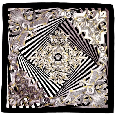 Bufanda de seda para mujer VERSACE negra plateada cabeza de medusa 34" x 34"/90 x 90 cm foulard Foto 1 de 4