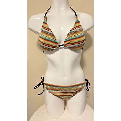 OP rainbow stripe string bikini Brown Lined XL Bottoms (15/17) Med Top(7-9) - Image 1 of 4