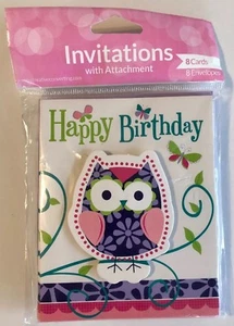 Owl Pal Birthday Invitations Party Purple Pink Lime Green Cute Whimsical - Picture 1 of 12