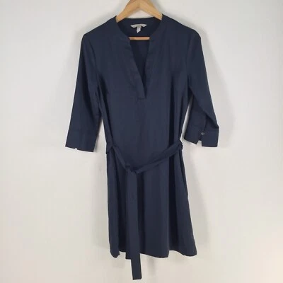 H&M womens dress size 10 shift navy blue 3/4 sleeve Vneck belted 099575 - image 1 of 4