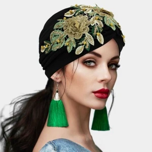 woman turban hat sequin Flower Leaf Trim sequin Turban Hat - Picture 1 of 8