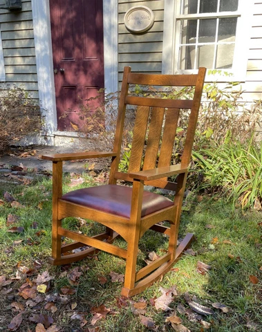 Vintage Stickley Mission Collection Harvey Ellis oak rocking chair with leather Cover