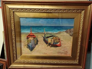 UMBERTO OLAGNERO OLIO SU CARTONE BARCHE A MEZZOGIORNO DIAMANTE CALABRIA 63X53 CM - Foto 1 di 10