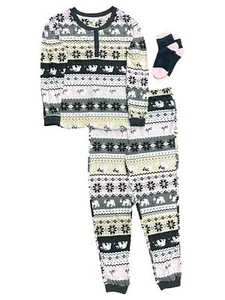 Womens Silky 3pc Gray Polar Bears Print Socks Jogger Pajamas Sleep Set Large - Picture 1 of 1