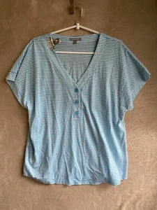 yarra trail Casual Henley T-Shirts Top Size L Womens Blue Striped Short Sleeve - Picture 1 of 11