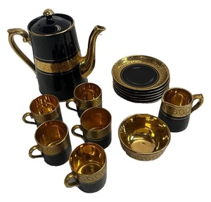 GIBSON & SONS England DAVENPORT SEVRES Black & Gold 7 1/2" Coffee Pot Set - Picture 1 of 6