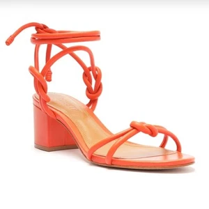 NWOT Schutz Nicky Mid Nappa Sandals 9 Orange Strappy Block Heels Ankle Wrap Tie - Picture 1 of 7