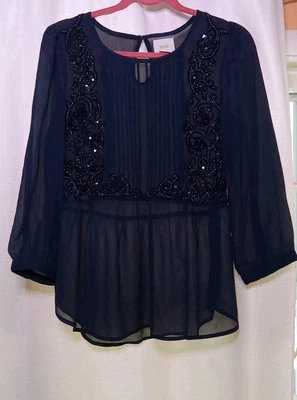 Blusa transparente bordada azul Maeve Anthropologie 12 cremalleras manga larga Foto 1 de 4