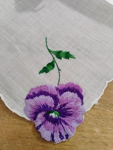Vgt Purple Embroidered Pansy White Cotton Hankie Handkerchief - Picture 1 of 2