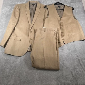 J.Crew Ludlow 3 Piece Suit Mens 46R Jacket 38W Pants Tan Irish Linen Vest XL - Picture 1 of 18