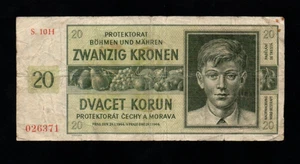 20 KORUN VG  BANKNOTE  FROM  GERMAN OCCUPIED BOHEMIA 1944 PICK-9 - Picture 1 of 2