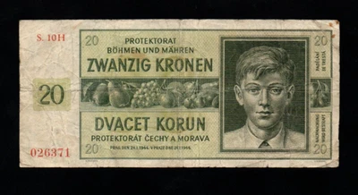 20 KORUN VG  BANKNOTE  FROM  GERMAN OCCUPIED BOHEMIA 1944 PICK-9 - Image 1 of 2