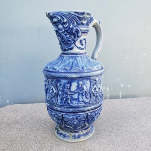 Antique Westerwald German JUG stoneware salt glazed pottery blue & White Figures - Picture 1 of 22