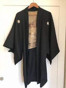 Vintage Japanese Black Silk Kimono w/Gold Brocade Outdoor Motif Lining - Picture 1 of 7