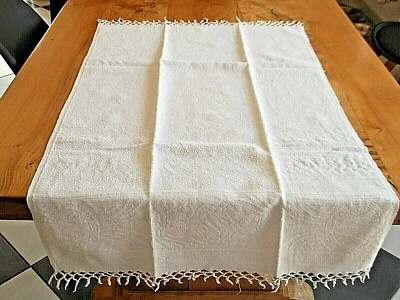 Linge ancien Serviette en éponge blanche avec franges nouées et liteaux  - Photo 1/4