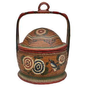 Vintage Chinese Woven Rattan Painted Betrothal Wedding Basket