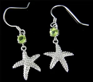 GENUINE PERIDOT SILVER 925 HAWAIIAN SEASTAR STARFISH WIRE HOOK EARRINGS RHODIUM - Picture 1 of 2