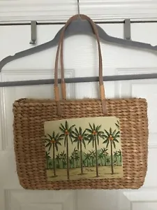 SUN & 'N SAND Tote Woven Bag Purse Wicker Beach Beige Palm Tree Fabric Accent - Picture 1 of 9