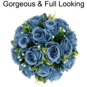 10Pcs Dusty Blue Fake Flower Ball Arrangement Roses Faux Decorative Bouquets - Picture 1 of 4