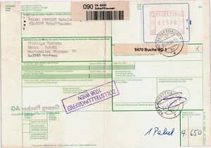 CH: Internat. Paketk. SCHAFFHAUSEN-TRAISEN/AT m. ATM 1 (2500) Aufkleber BUCHS, - Picture 1 of 1