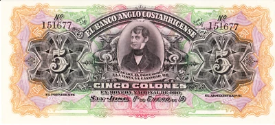 Billete de 5 Cinco Colones El Banco Anglo Costarricense 1900 Costa Rica - Vinilo Raro Foto 1 de 2