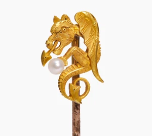 Antiguo prendedor de palo de grifo de perlas de oro amarillo - Imagen 1 de 2
