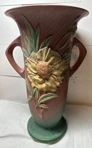 Vtg Roseville Pottery ca .1942 Pink Peony Pattern Handled Floor Vase # 69-15” - Picture 1 of 15
