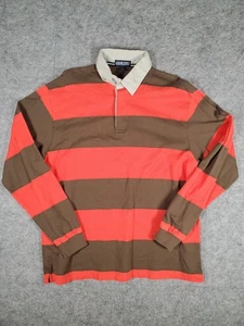 Vintage Lands End Rugby Shirt Mens Large Brown Orange Striped Cotton Polo Preppy - Picture 1 of 15