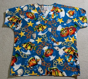 S.C.R.U.B.S Unisex Tropical Fish & Shells Short Sleeve Scrub Top / Size Small - Picture 1 of 9