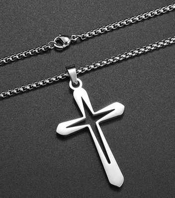 Collana lunga da uomo in acciaio inox ciondolo CROCE religioso cristiano - Immagine 1 di 4