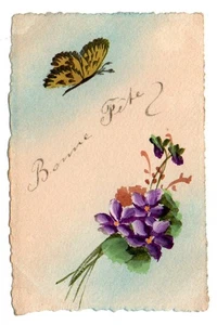 DB PC, Geburtstag, Bonne Fete, französisch, Schmetterling und Blumen, handbemalt, rustikal - Bild 1 von 2