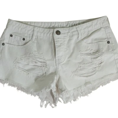 Pantalones Cortos Algodón On Destroyed 2" Para Mujer Talla 8 Blanco Denim Tiro Medio Dobladillo Deshilachado Foto 1 de 4