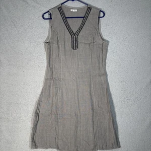 Lina Tomei Dress Women’s M Olive Grey Linen Rhinestones Neck Line Stretch Italy - Picture 1 of 13