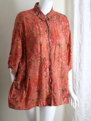 Tianello Sz XL Red Orange Rayon ROSE ASIAN FLORAL Flowing Tunic Blouse Shirt Top - Image 1 of 4