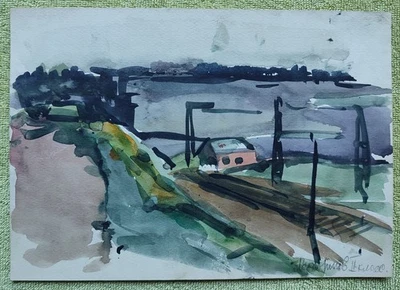Vintage Soviet student watercolor painting riverbank house 1950s USSR art 047 - Image 1 of 2