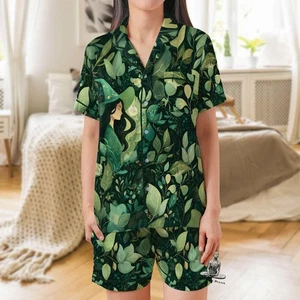 Green Witch Satin Pajama Set - Short Sleeve Wiccan Gift for Plant Lovers - Picture 1 of 13