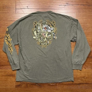 Vintage Top Heavy Long Sleeve T Shirt Mens L Gray Tiger Dragon Y2K VTG Tribal - Picture 1 of 12