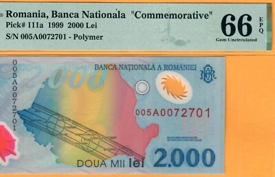 ROMANIA-2000 LEI-1999-PICK 111a-S/N 005A0072701 **PMG 66 EPQ GEM UNC** - Image 1 of 3