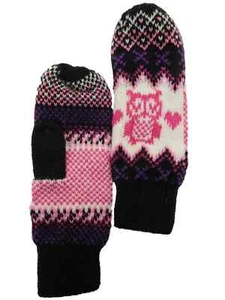 Girls Pink & Black Knit Owl Mittens Cross Stitched Pattern 4-7 - Picture 1 of 1