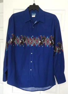 Wrangler Western Shirt Mens XL Pearl Snap Bull Rider Cowboy Wrap Around, Blue  - Picture 1 of 6