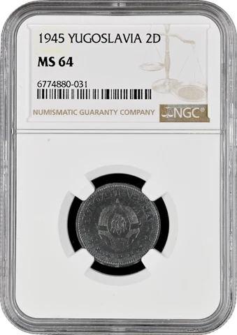 Yugoslavia 2 dinara 1945, NGC MS64, "Socialist Yugoslavia (1945 - 1992)" Cover