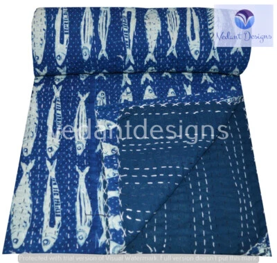Colcha indiana vintage bloco Kantha colcha cobertor de algodão Ralli Gudari - Imagem 1 de 4