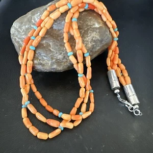 Collar de 3 hilos de plata esterlina coral naranja turquesa nativa 21" 17818 - Imagen 1 de 14