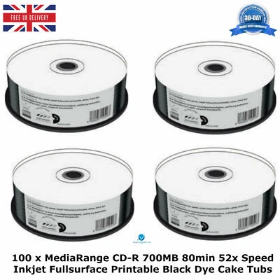 100 x CD-R 700MB 80min 52x Speed Inkjet Fullsurface Printable Black Dye CakeTubs - Image 1 of 4